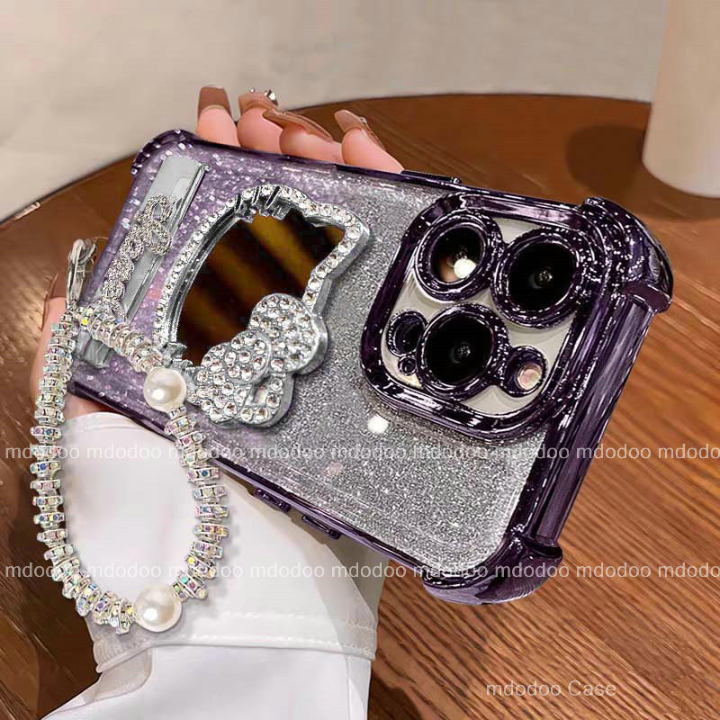 เคส Lanyard for iPhone 17 Air 16 Promax 15 Pro Max 14 Plus 17Promax 15Promax 14Promax Lovely Cartoon Luxury Kitty Diamond Makeup mirror Flash drill electroplate Stand Clear Glitter cardstock Soft Phone Case Cover JD 06 - รูปที่ 2