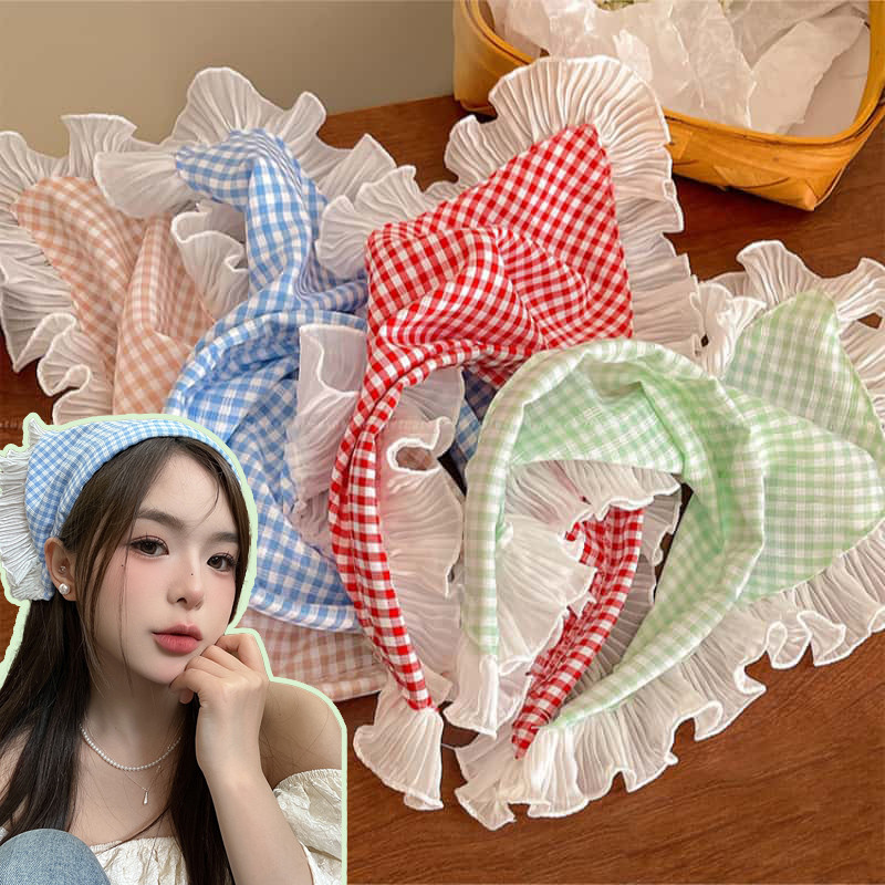 🇹🇭 ผ้าโผกศรีษะ ผ้าโผกผม ผ้าโผกหัว ผ้าพันคอ ผ้าคุมไหล่ ที่คาดผม ทรงสามเหลี่ยมแต่งลูกไม้ สไตล์ฝรั่งเศษ