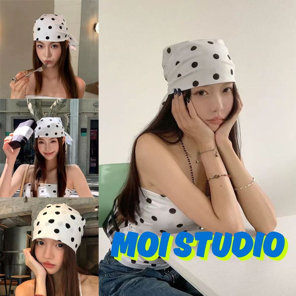 MOI 【พร้อมส่ง】ผ้าโพกหัว ผ้าสี่เหลี่ยม ผ้ามัดผมเกาหลีสไตล์วินเทจ ผ้าโพกผมลายจุด สีขาว แฟชั่นสตรี TJ008
