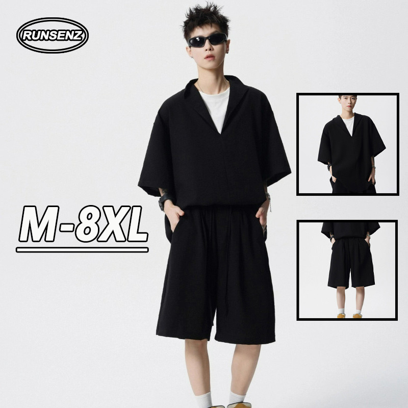 M-8XL ชุดเกาหลีสำหรับผู้ชาย ขนาดพิเศษ สไตล์ยีนส์ พร้อมเสื้อยืดแขนสั้นและกางเกงขาสั้น ราคา ถูกที่สุด ดีลบีเคเค
