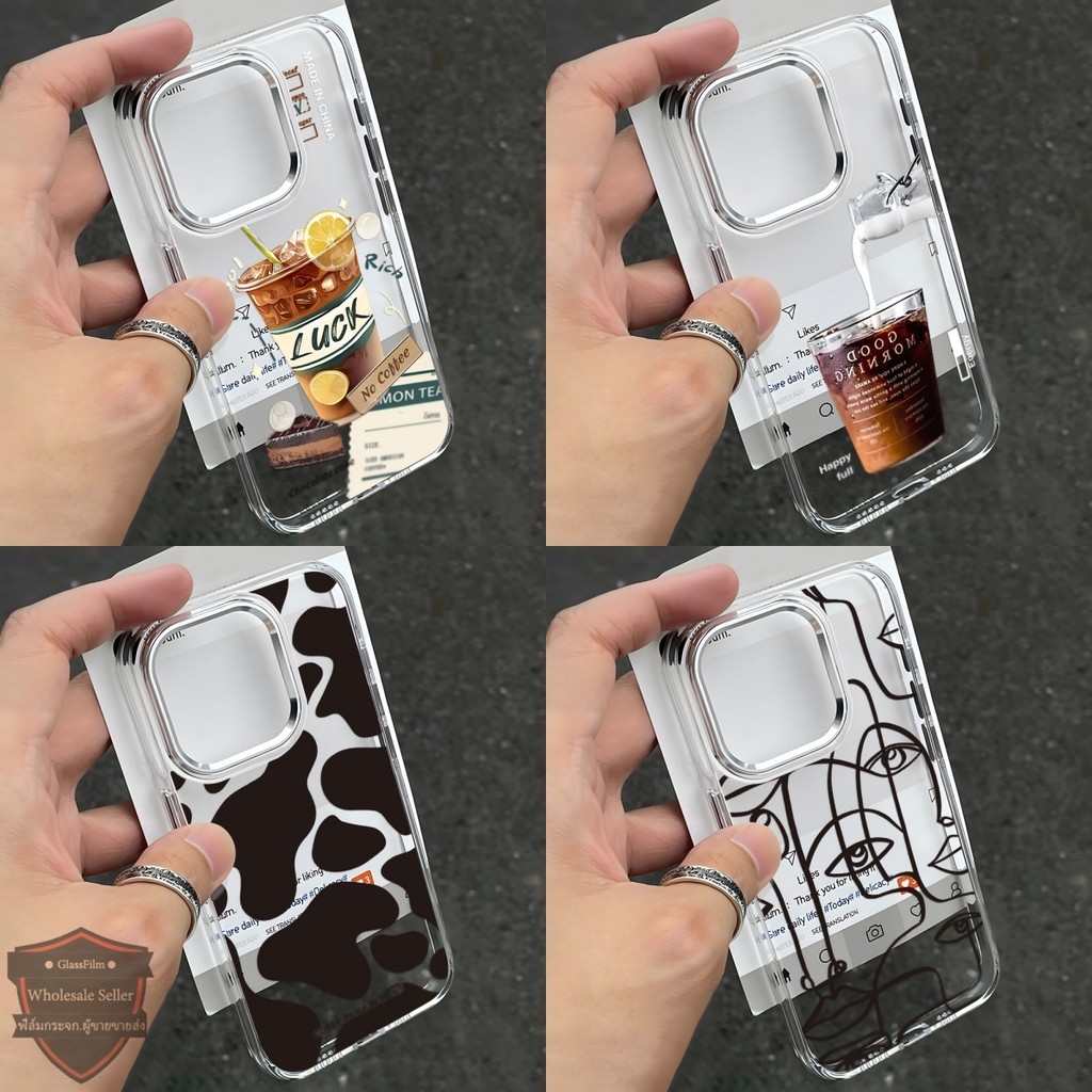 เคสใสหนาชุบไฟฟ้าสำหรับ iPhone 11 13 14 12 15 16 Pro Max XR 6 7 8 Plus X XS Max เคสไอโฟน15 เคสไอโฟน13 ลายถ้วยกาแฟ