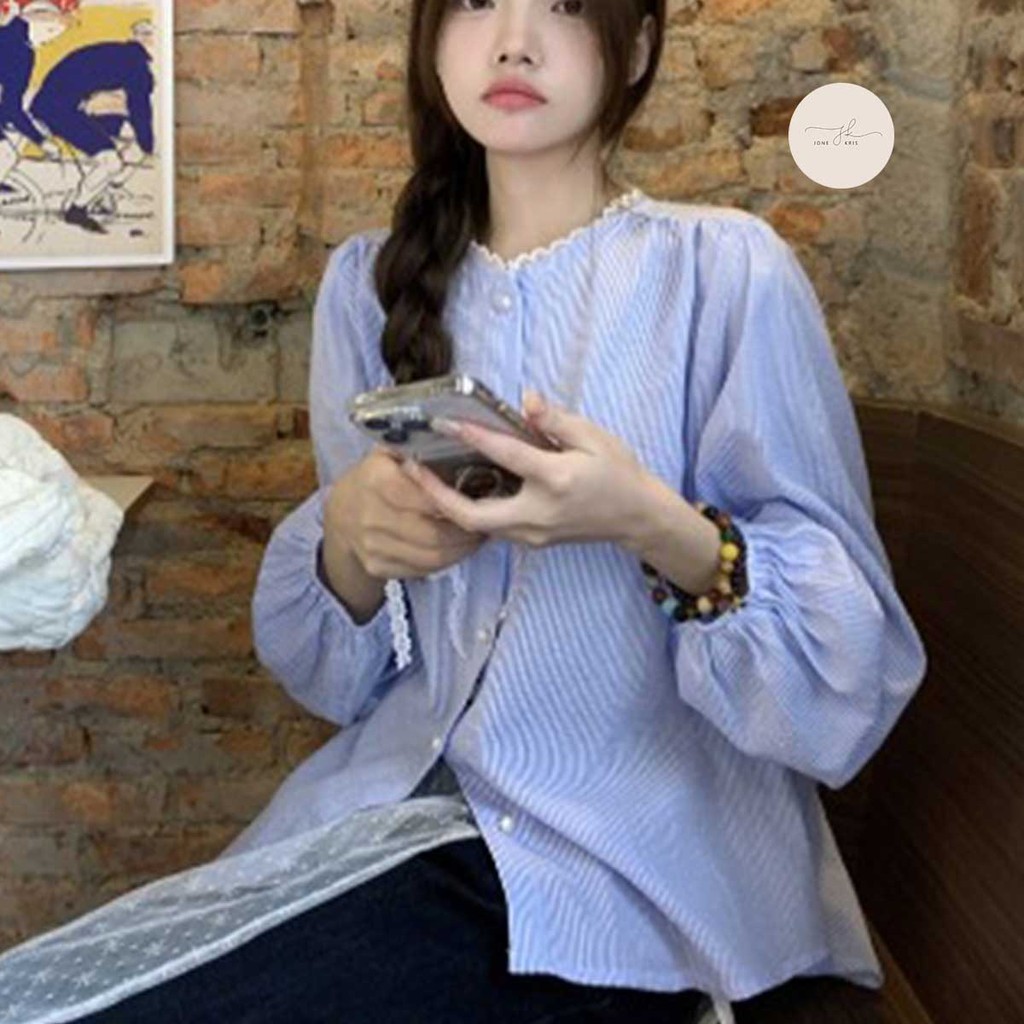 เสื้อเชิ้ตลายลูกไม้ คอปมแฟชั่น หน้าร้อน ระบายอากาศ