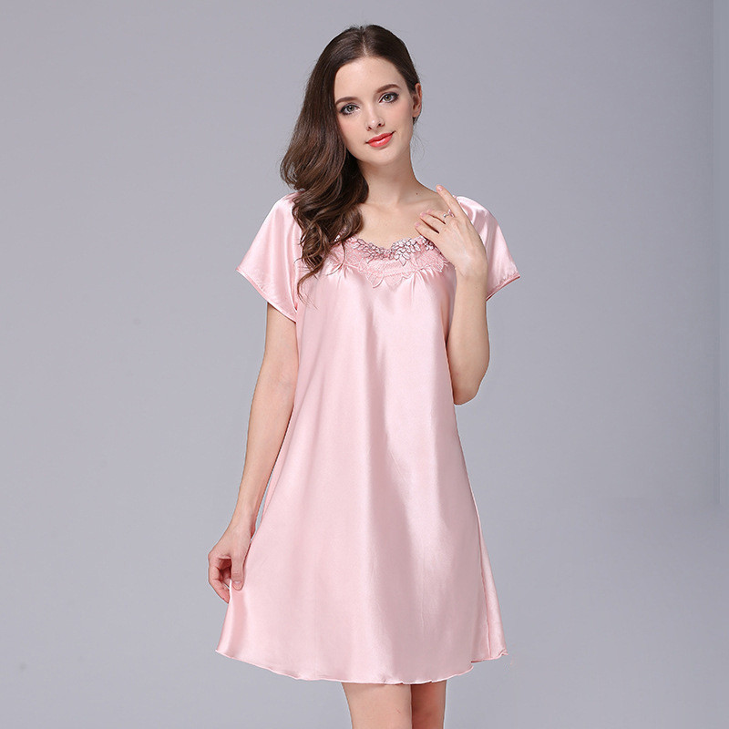 ผ้าไหมน้ําแข็งชุดนอนผ้าไหมผู้หญิงแขนสั้นลูกไม้ Nightdress ผู้หญิง Homewear SQ022flb817
