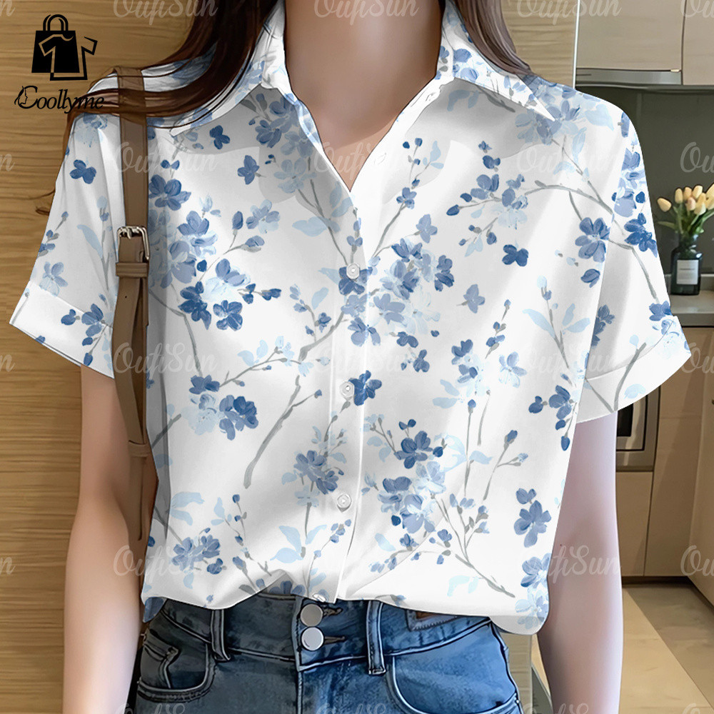เสื้อเชิ๊ตสตรีทแวร์แขนสั้นสำหรับผู้หญิง ดีไซน์พิมพ์ลายดอกไม้และปุ่มปก