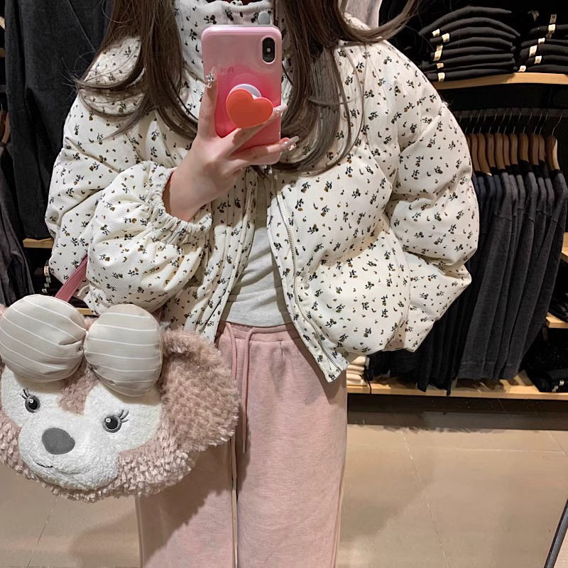 เสื้อโค้ทสั้นสำหรับฤดูหนาว สไตล์เกาหลี ลายดอกไม้ ยืนพับปก