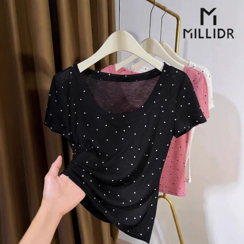 เสื้อยืดผู้หญิงแขนสั้น ลายจุดสีดำ ผ้าไหมน้ำแข็ง ยู-คอสูงสุด สำหรับฤดูร้อน