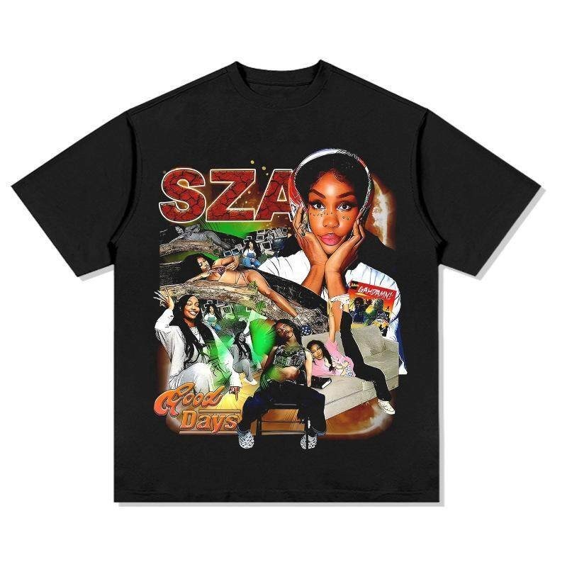 เสื้อยืดแขนสั้นพิมพ์ลายสไตล์ฮิปฮอป SZA แบบคอนีออนและคอกลม