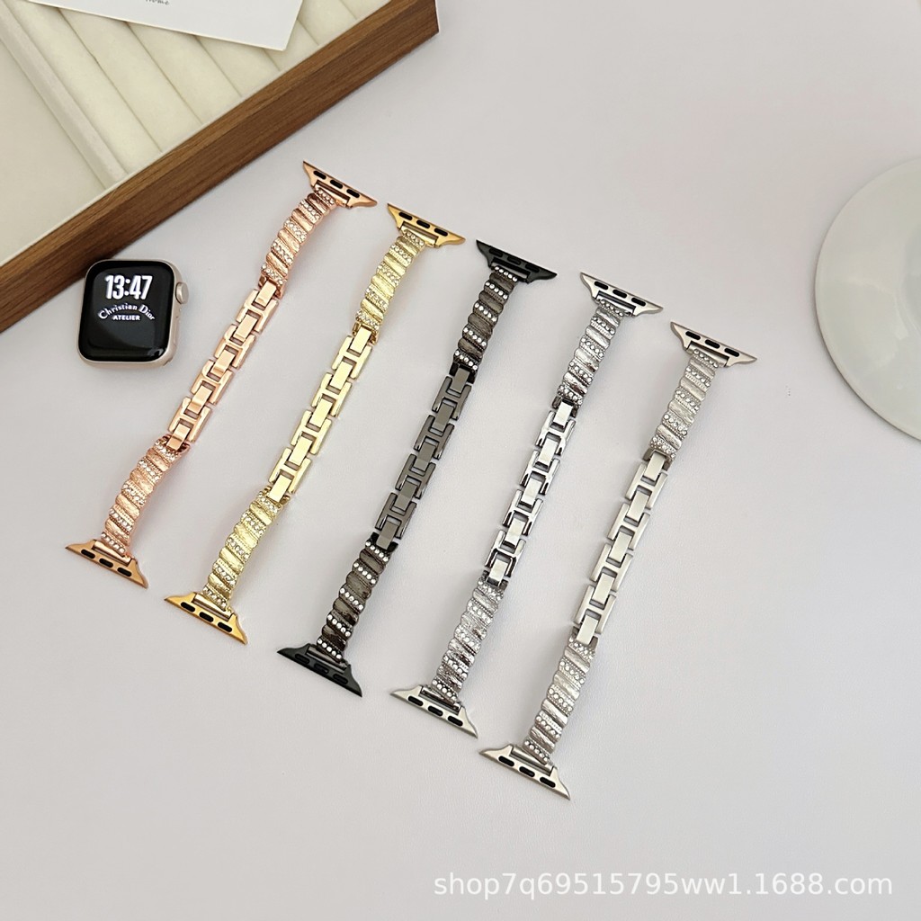 拉丝麻花镶钻金属表带适用于苹果手表iwatch10代9876Ultra/SE