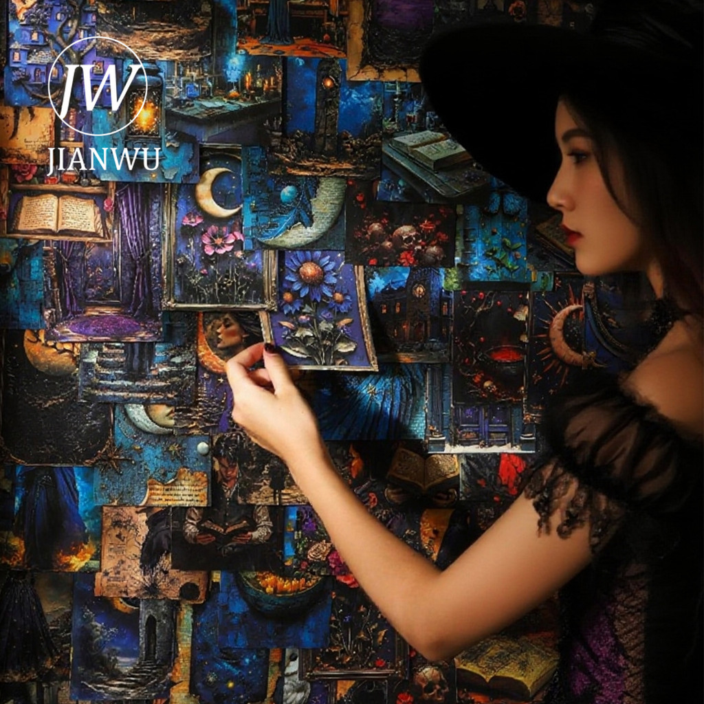 JIANWU Witchs Magic Book Series Vintage Dark ตัวละครภูมิทัศน์ Collage สมุดภาพวัสดุ Creative Junk Jou