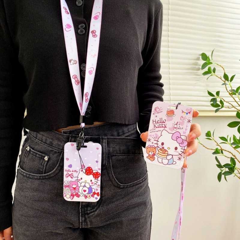 Hello Kitty Kuromi Melody การ์ตูน PVC ผู้ถือบัตร Sanrio อะนิเมะเชือกเส้นเล็ก ID เคสป้องกันแขวนคอ Anti-lost ฝาครอบ