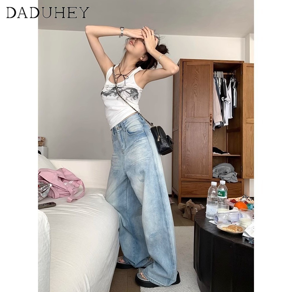 DaDuHey American Retro Distressed Straight Jeans Women‘s 2024 Summer High Waist Loose and Slimming Wide-Leg Casual Pants