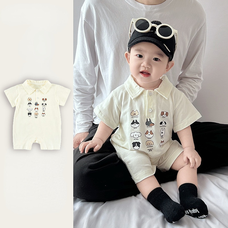 ฤดูร้อนใหม่เสื้อผ้าเด็กชายและหญิงแขนสั้นโปโลบอดี้สูท 0-24 เดือนทารกแรกเกิด สุด ๆ หล่อการ์ตูนลูกสุนัขสไตล์เกาหลี ชุดรอมเปอร์
