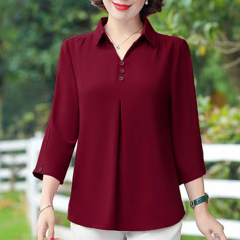 พลัสขนาดครึ่งแขนแม่ฤดูร้อนสีทึบเสื้อสําหรับผู้หญิงหลวมสไตล์ตะวันตกเสื้อสวมหัวเสื้อ