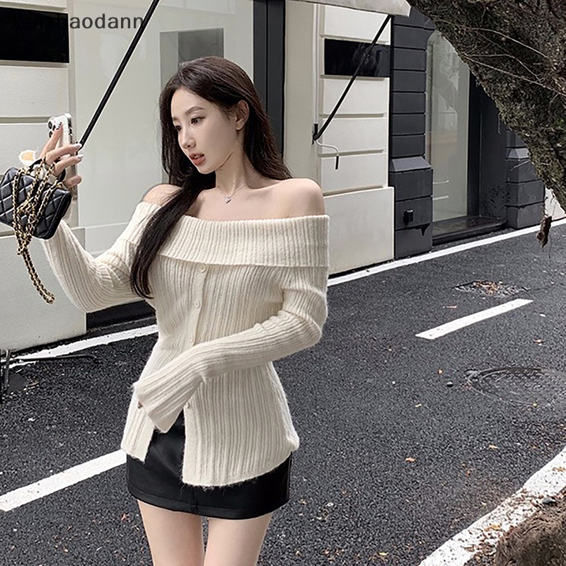[XZNZVV] วินเทจปุ่มขึ้นแข็งผู้หญิงที่สง่างามเฉือนคอแขนยาวถักเสื้อกันหนาว IKFG