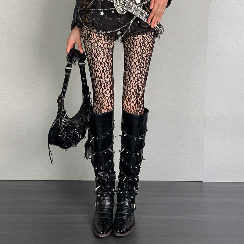 Gothic Y2k ไม่สม่ําเสมอ Fishnet ถุงน่อง Hollow Pantyhose Subculture Steam Hollow สีดําหวานเผ็ด Party Fishing สุทธิถุงเท้า