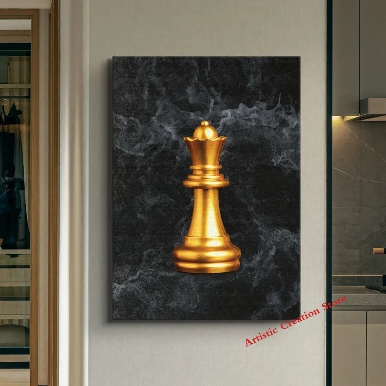 1 Piece Poster Chess Gold Piece Posters Queen and King Canvas Print Golden Chess for Game Room Club 