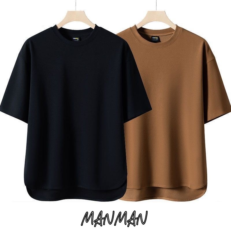 MANMAN เสื้อยืดผู้ชาย คอกลมแขนสั้น สีล้วน แบบหลวมแมทช์ลุคง่าย ใส่ได้ทั้งชายและหญิง