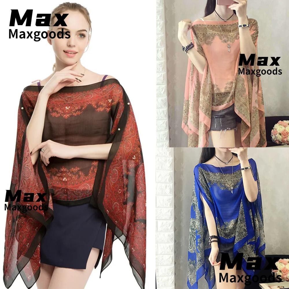 Maxg เสื้อชีฟอง,ผ้าคลุมไหล่ชายหาดระบายอากาศหรูหรา,เสื้อคลุมบิกินี่หลวมพิมพ์ลายกันแดดผู้หญิง