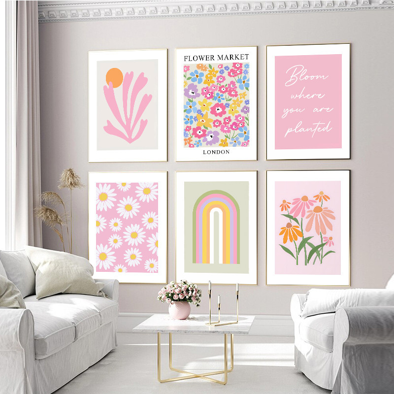 Boho Light Morandi สี Wall Art ตลาดดอกไม้สีภาพวาดผ้าใบแนวโน้มที่ทันสมัยตัวอักษร Gallery ตกแต่งห้องนอนโปสเตอร์