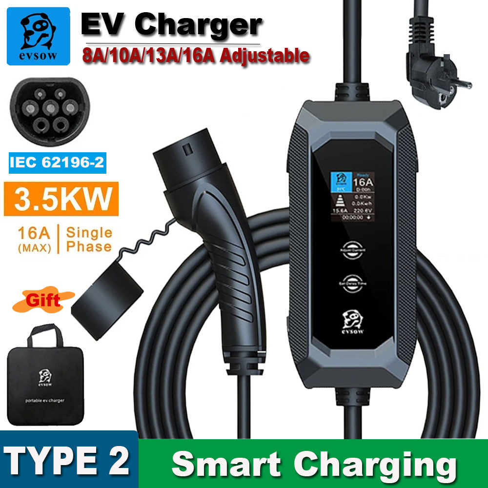 Evsow ที่ชาร์จอีวี EV Charger แบบพกพา 16A 3.5kW ประเภท 2 3.5 M/5 M EV สายชาร์จ 1Phase EV Charger Station Wallbox EVSE Charger Holder 2 Year Warranty