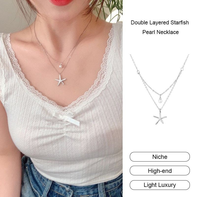 besla.th Double Layered Starfish Pearl สร้อยคอผู้หญิงหรูหรา Niche สร้อยคอประณีต NecklaceCOD