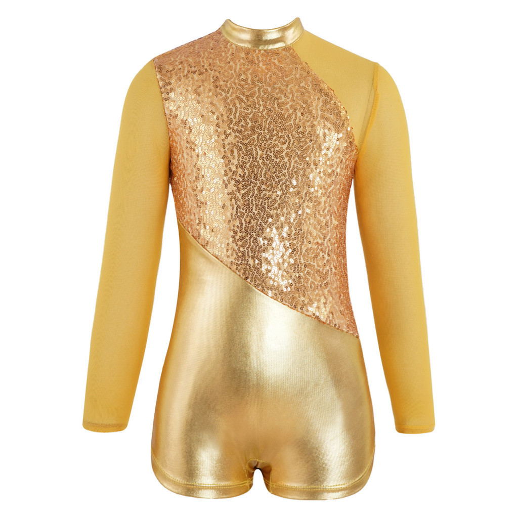 Kvysinly เด็กผู้หญิงประกายเลื่อมโลหะ Leotards แขนยาวรอบคอซิป Back Dance Jumpsuit