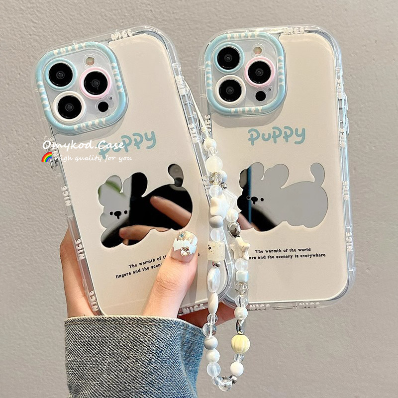 Case+Chain For Samsung A05 A05S A15 A14 A13 A12 A55 A54 A51 A35 A34 A32 A25 A24 A03 A02S S23FE S24 Ultra Cute Puppy Cartoon Advanced Minimalist Mirror Phone Case Anti Drop Protective Back Cover