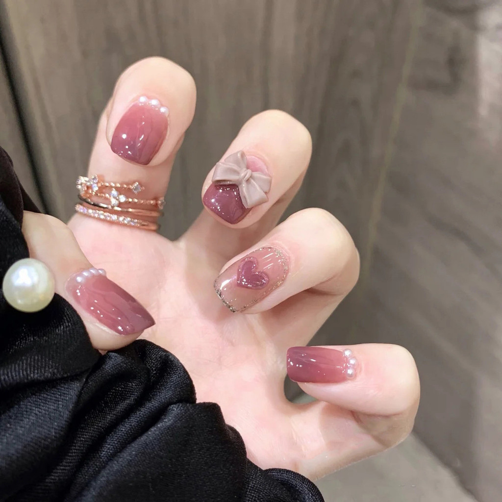 FREE Glue2024 ใหม่ล่าสุด 24 ชิ้น Nail Art เล็บปลอมฝรั่งเศสชุดกาวอะคริลิค Full Nail Z039