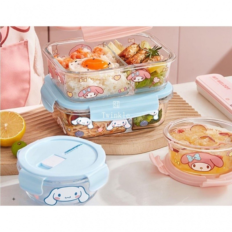 ของแท้ 1000ml Cinnamoroll Hello Kitty กล่องอาหารกลางวันแก้วพร้อมฝาปิด กล่องข้าว Melody มายเมโลดี้ ไมโครเวฟและทนอุณหภูมิสูง Bento กล่องเด็กผู้หญิงบนโต๊ะอาหาร - รูปที่ 4