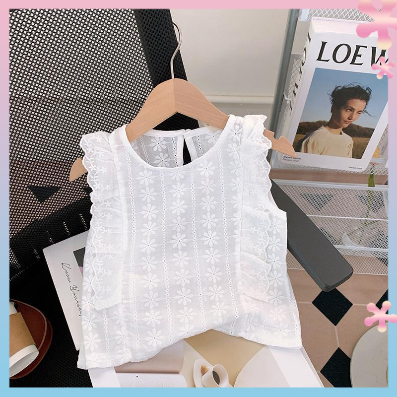 Girls vest2024New Summer Baby White Sleeveless LaceTWestern Style Children Summer Thin Top