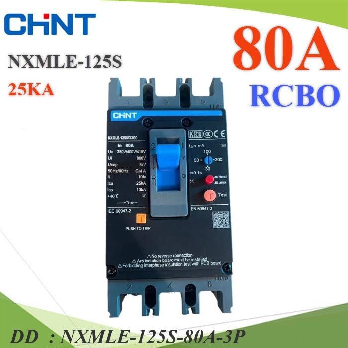 NXMLE-125S-80A-3P RCBO 80A 3P เบรกเกอร์กันดูด MCCB AC 3เฟส Residual Current DD