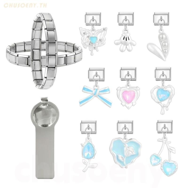 2024 ใหม่แฟชั่นจี้สีฟ้า Sliver Heart Bow Charm อิตาเลี่ยน Links Fit 9 มม.สร้อยข้อมือเครื่องประดับสแตนเลส DIY ทํา