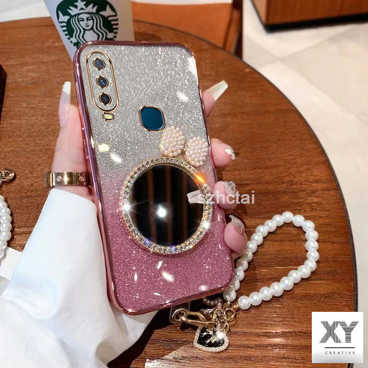 เคส vivo y11 y12 y15 y17 y19 แวววาว เปลือก ล้างเปลือกหอยมุกโบว์กระจกแต่งหน้า พร้อมสร้อยข้อมือสําหรับเด็กผู้หญิง เคสโทรศัพท์ vivo y11 y12 y15 y17 y19