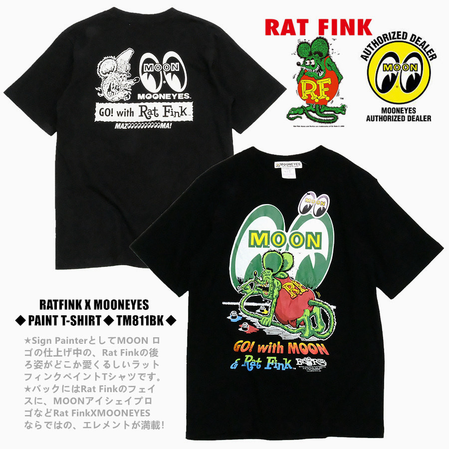 Mooneyes Co-Branded RAT FINK Mouse FINK PAINT TEE ทาสีครึ่งแขนผู้ชายผู้หญิงเสื้อยืด