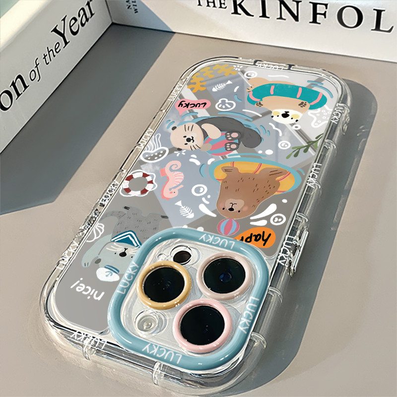 Ins น้ํากีฬาว่ายน้ํารูปแบบ Drop-Resistant กระจกแต่งหน้าเคสโทรศัพท์สําหรับ iPhone 16 Promax 15 Promax 12 13 Mini 14plus 11 Pro Max X XS XR XS Max 7 8 plus Se2020
