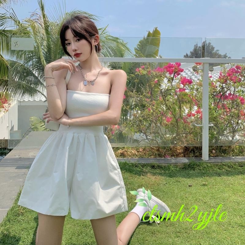 ผู้หญิงแฟชั่น Bandeau Playsuits สีทึบ Strapless Wrap สั้น Jumpsuits ฤดูร้อน One-piece เสื้อผ้า