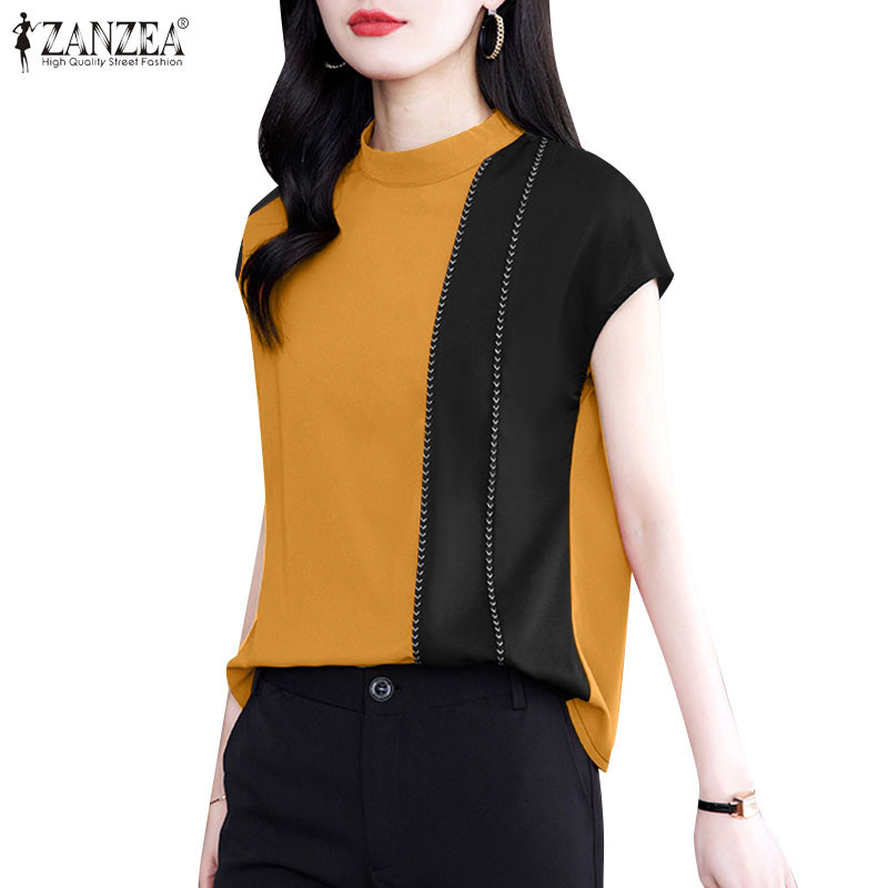 ZANZEA ใส่ ซานเซีย ผู้หญิงเกาหลีหรูหรารอบคอแขนสั้นออกแบบเย็บปะติดปะต่อกันเสื้อยืด