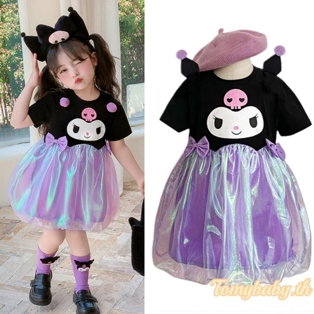 Tomybaby-ชุดเดรสเจ้าหญิงคอกลมแขนสั้นชายฟองโฮโลแกรมสำหรับเด็กผู้หญิงในช่วงฤดูร้อน
