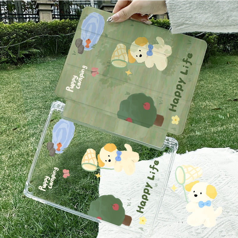 เคสtpuสําหรับipad Gen9/Gen7/Gen8 10.2 Air4/5 10.9 10.5 Air3/Pro 11 2021 Mini4/5/6 เคสป้องกันสีเขียวฤดูใบไม้ผลิรูปแบบลูกสุนัขพร้อมที่วางปากกา