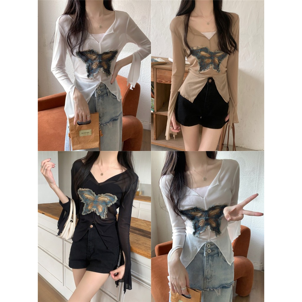 Anne เสื้อยืดผู้หญิง แขนยาว คอวี ไหมพรมซีทรู ลายผีเสื้อ เข้ารูป ผ้านิ่ม เสื้อยืด สไตล์เกาหลี ใส่สบาย #11577