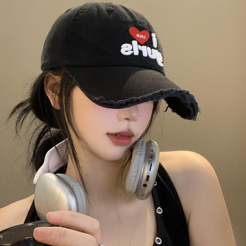 เกาหลี Retro Letter Frayed สีดําเบสบอลหมวกผู้หญิงฤดูใบไม้ผลิฤดูใบไม้ร่วง All-Match Peaked หมวกเส้นรอบวงหัวใหญ่หมวกขนาดเล็กอินเทรนด์