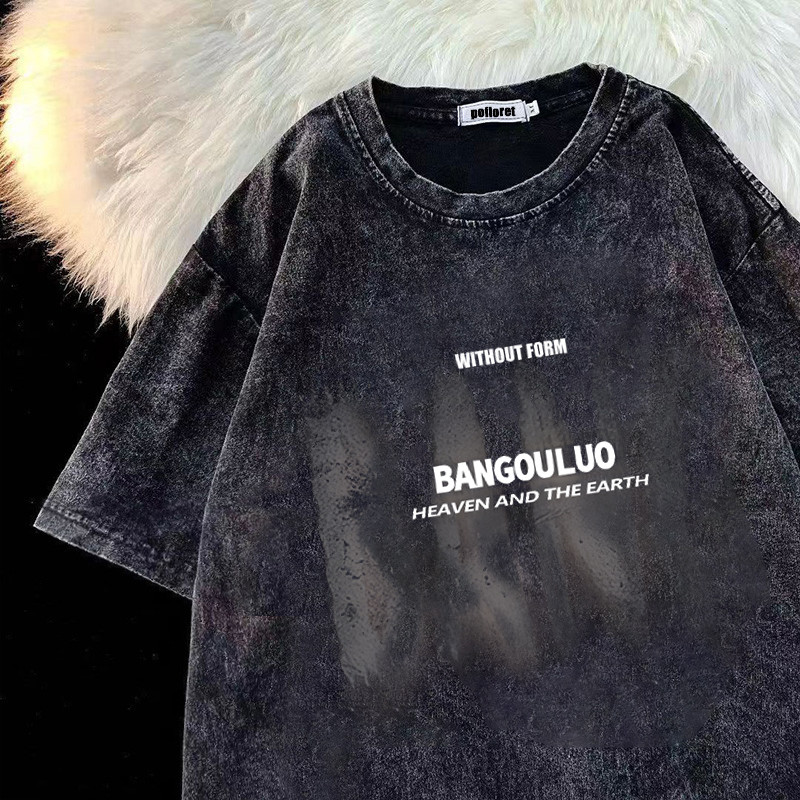 เสื้อยืดฟอก oversize Pofloret ผ้าคอตตอน100 โอเวอร์ไซซ์ สีดําเข้ม สไตล์ฮิปฮอป เรโทร #T2072