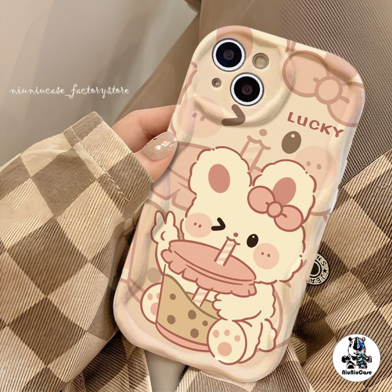 ส่งจากไทย เคสไอโฟนสวยๆ สําหรับ iPhone 7 8 11 12 13 14 15 Pro Max X XR XS Max 7 8 Plus เคส Rabbit MilkTea Pattern Case