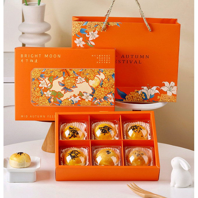 กล่องเค้ก ขนมไหว้พระจันทร์ 6 ช่อง 8 ช่อง ถุงหูหิ้ว ฝาครอบ ส้มดอกลินลี่（MOON186）