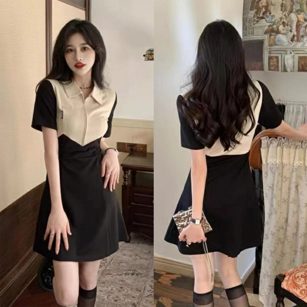เดรสตัดต่อสไตล์ฝรั่งเศส ปกปอโล ใหม่ล่าสุด สำหรับฤดูร้อน ขายาว เปิดข้าง
