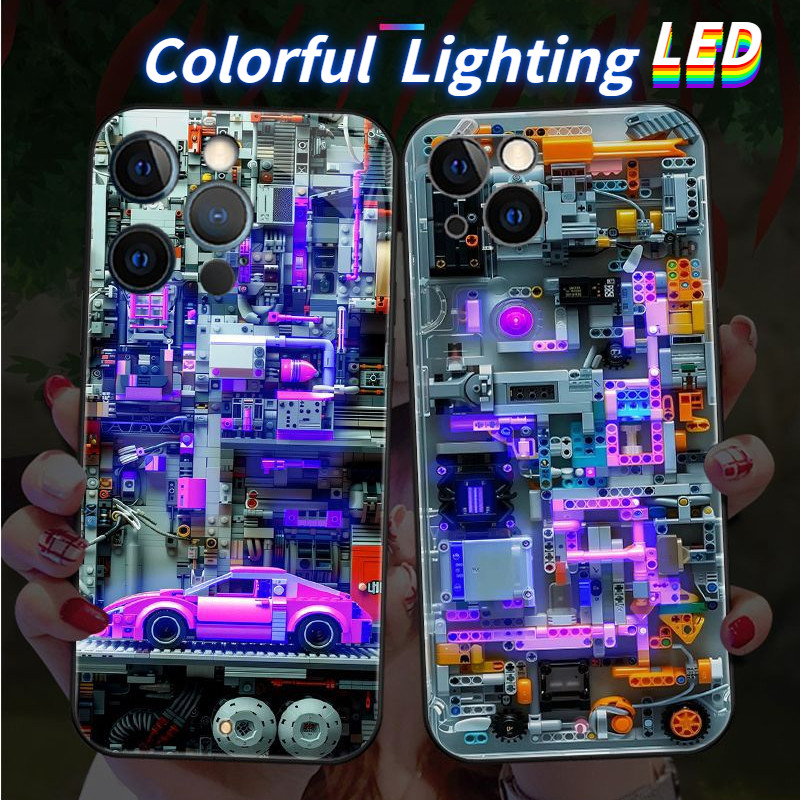Auto Mechanics แก้ว LED light glow เคสโทรศัพท์ Protector สําหรับ iPhone 15 15Promax 15plus 15pro 14Promax 14plus 14pro 14 13Promax 13 13pro 12ProMax 12pro 11ProMax 11pro 12 11