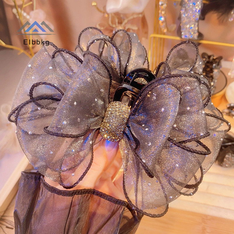 Eibbkg ตาข่ายสีดําโบว์ Rhinestone ผม Claw Vintage Elegant ผม Clamp Hairpin คลิปฉลามสําหรับผู้หญิงแฟชั่นอุปกรณ์เสริมผมลดราคา