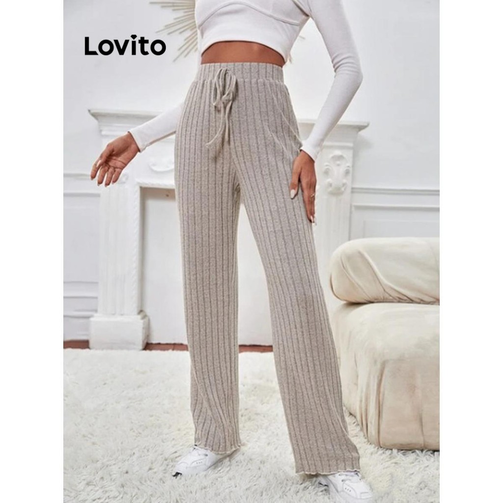 Lovito กางเกงขายาวผู้หญิง ผูกเชือก สีพื้น สไตล์ลำลอง LNL68272