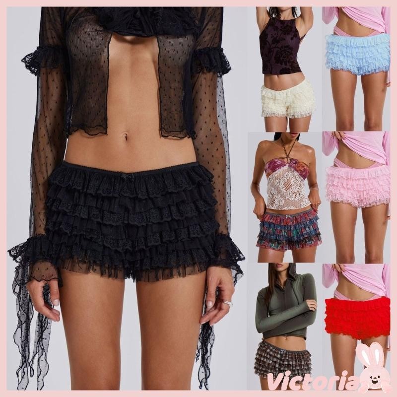 Vic ผู้หญิง Layered Ruffle กางเกงขาสั้นลูกไม้น่ารัก Bowknot สั้นกางเกงตาข่าย Bloomers Pettipant