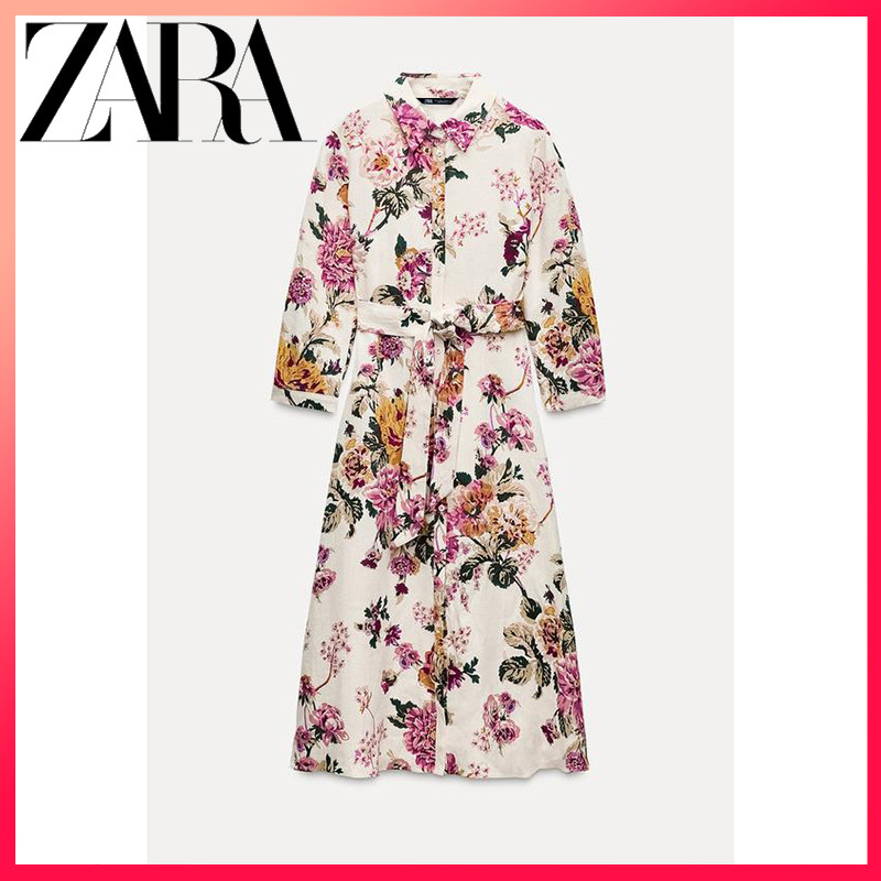 Zara ชุดเดรส Midi ผ้าลินินผสมผู้หญิงใหม่